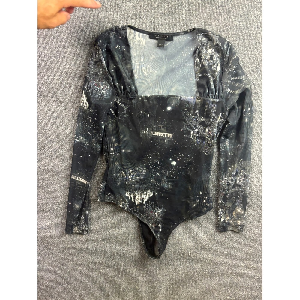 AllSaints Tara Liza Bodysuit Womens 2 Black Galactic Chandelier Print Mesh Top